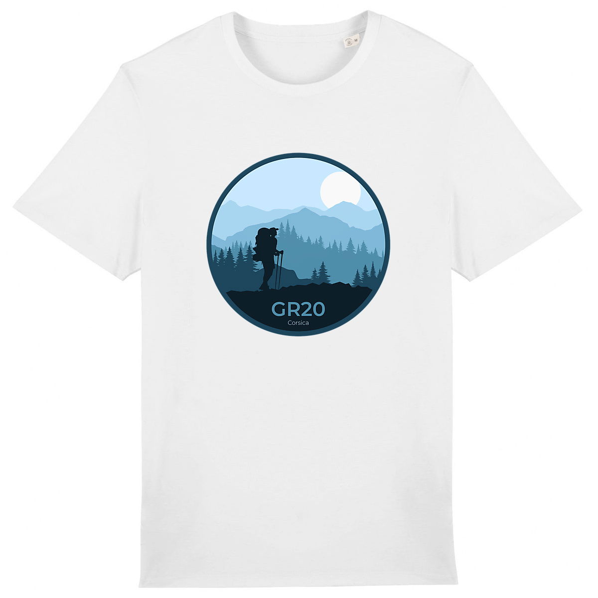 T-shirt blanc GR20 rond T-shirt blanc GR20 avec silhouette de randonneur et paysage de montagne stylisé