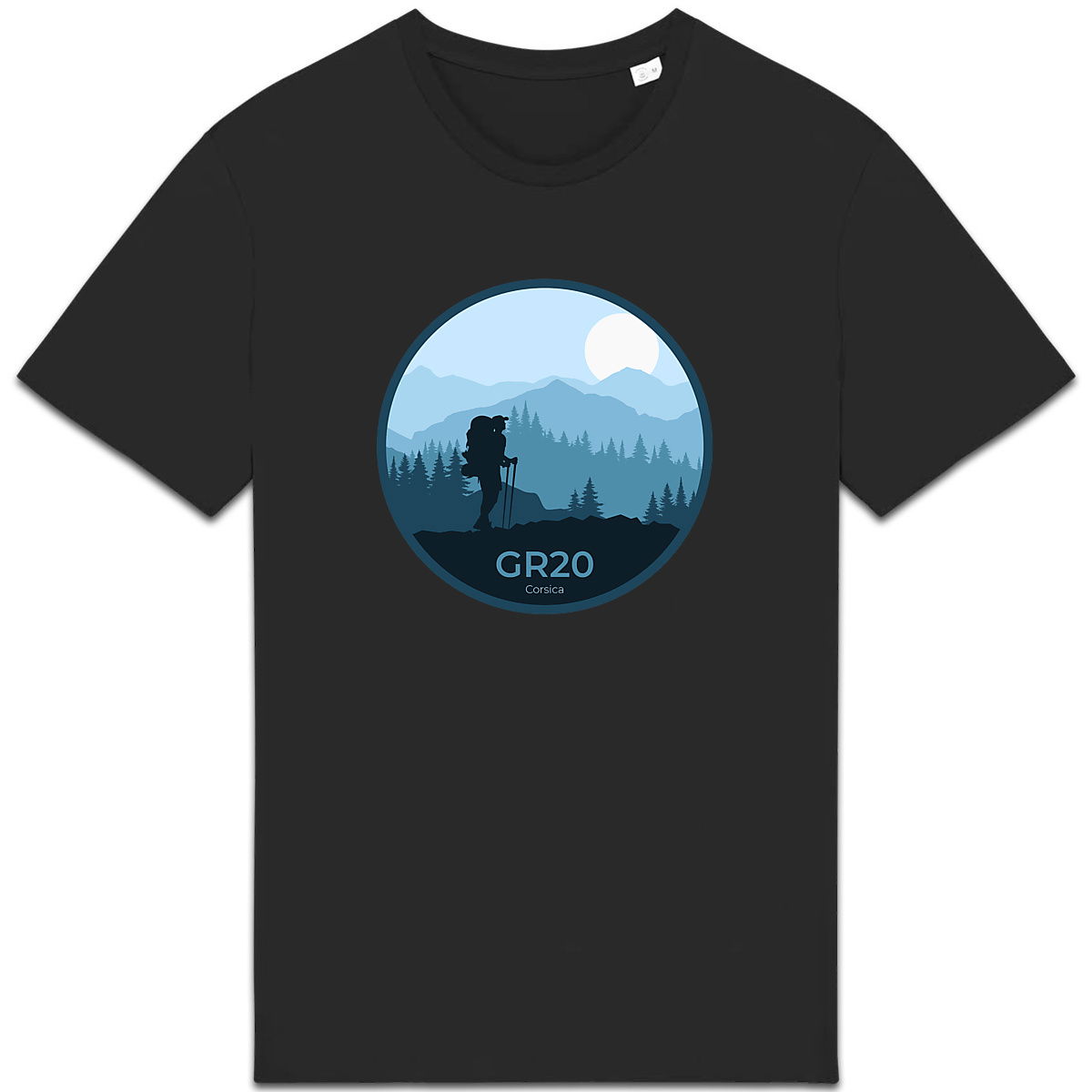 T-shirt noir GR20 rond T-shirt noir GR20 avec silhouette de randonneur et paysage de montagne stylisé