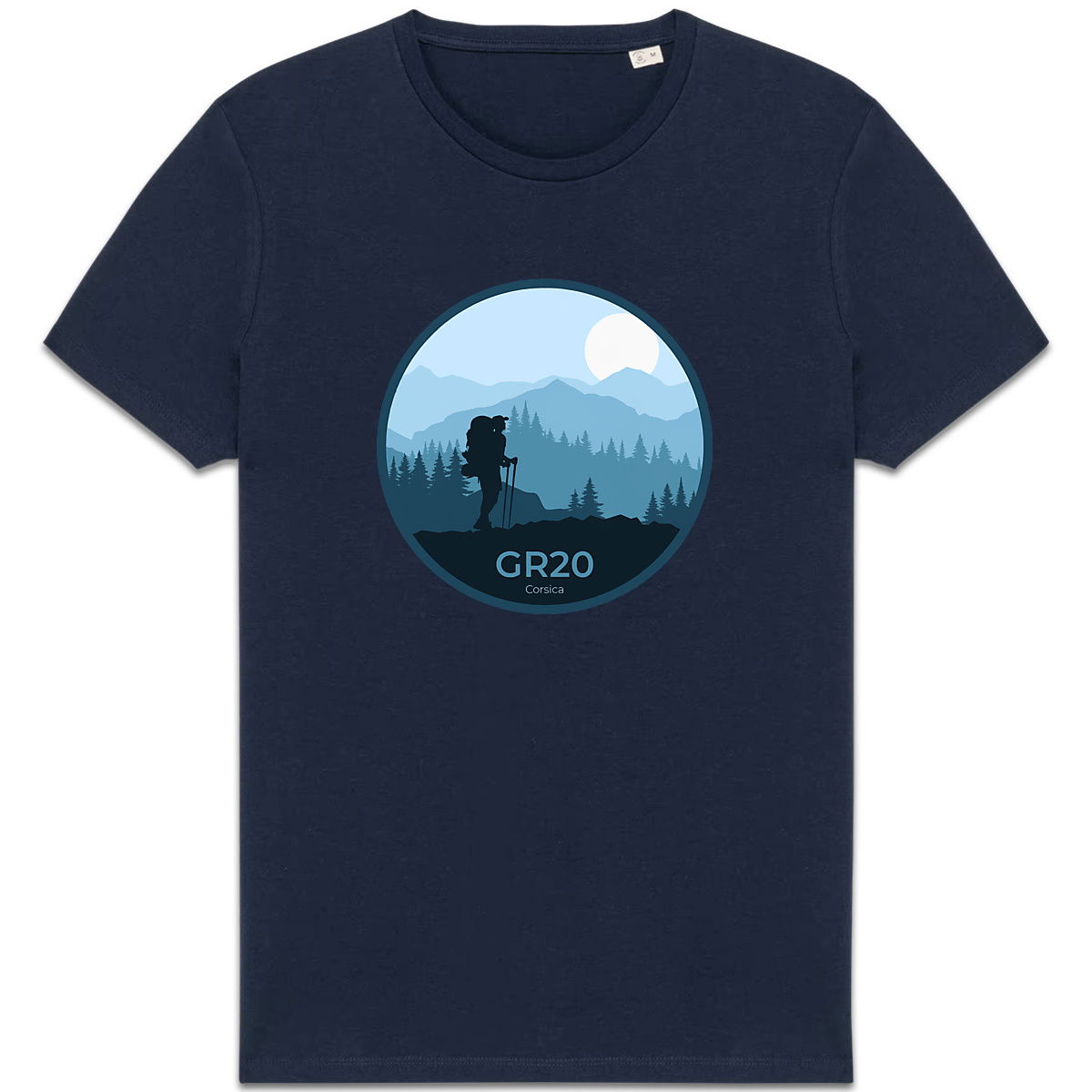 T-shirt marine GR20 rond T-shirt marine GR20 avec silhouette de randonneur et paysage de montagne stylisé