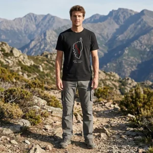 Personne portant un t-shirt avec illustration de la Corse et tracé du GR20
