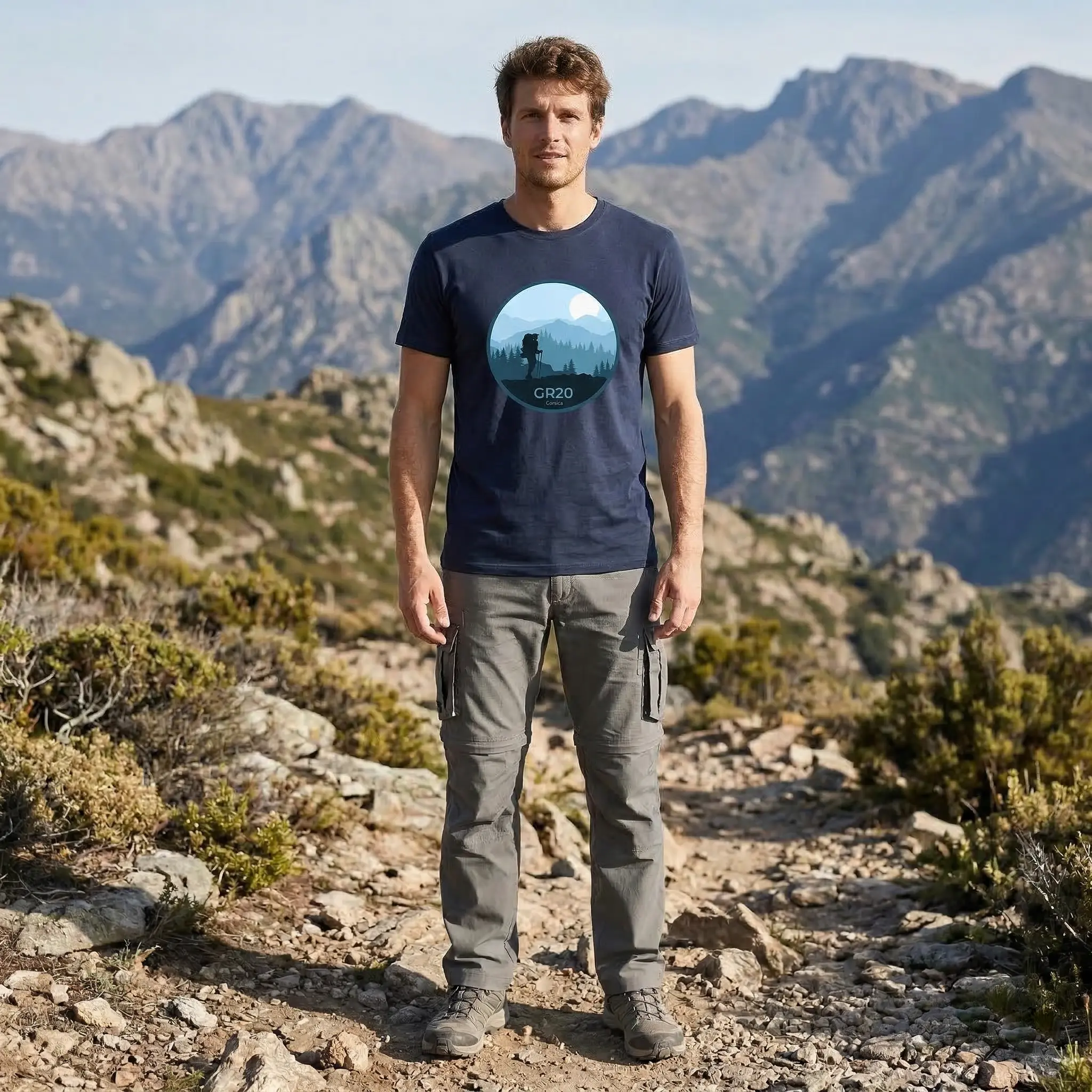 Mockup t-shirt GR20 rond bleu Personne portant un t-shirt GR20 avec silhouette de randonneur et paysage de montagne stylisé