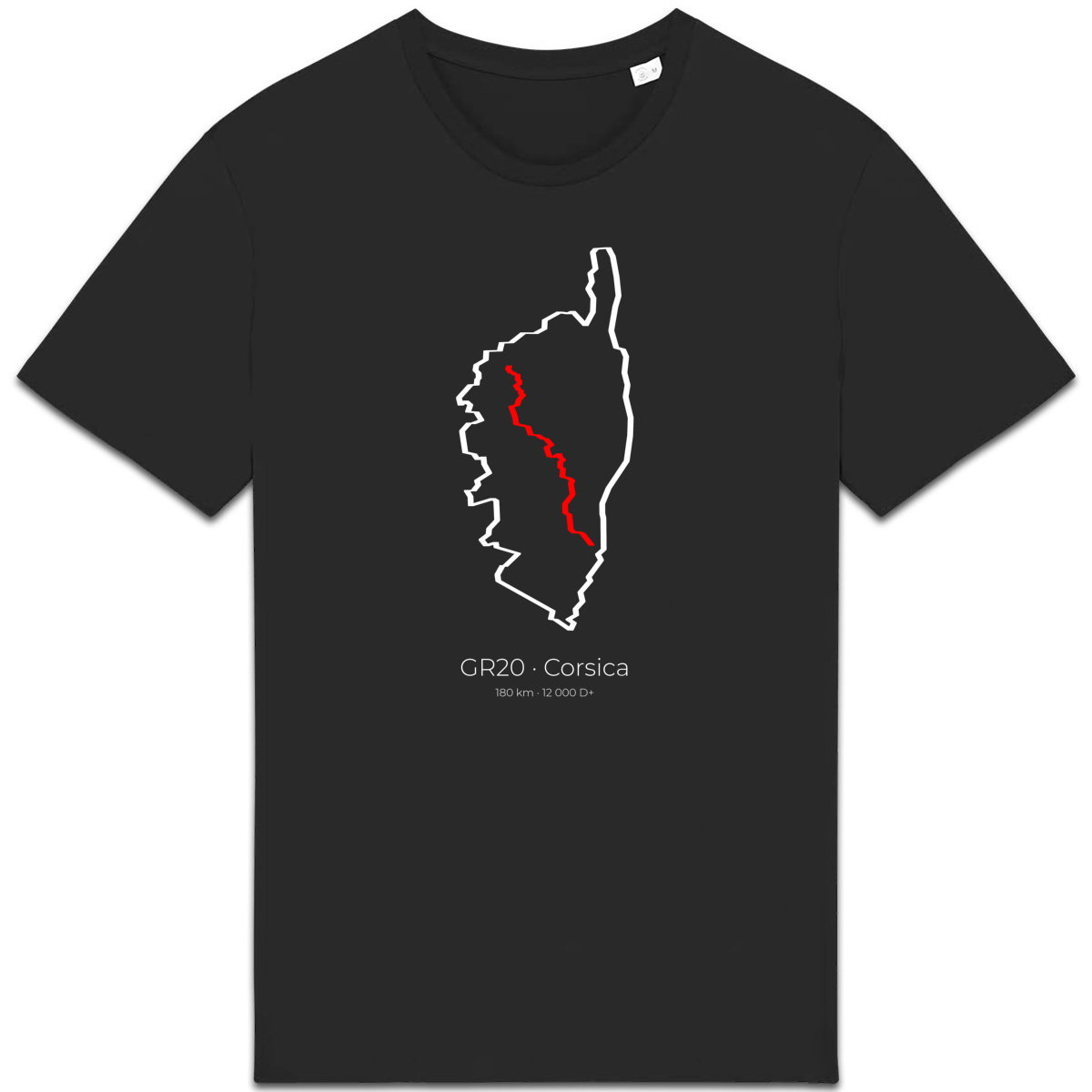T-shirt noir tracé GR20 T-shirt noir avec illustration de la Corse et tracé du GR20