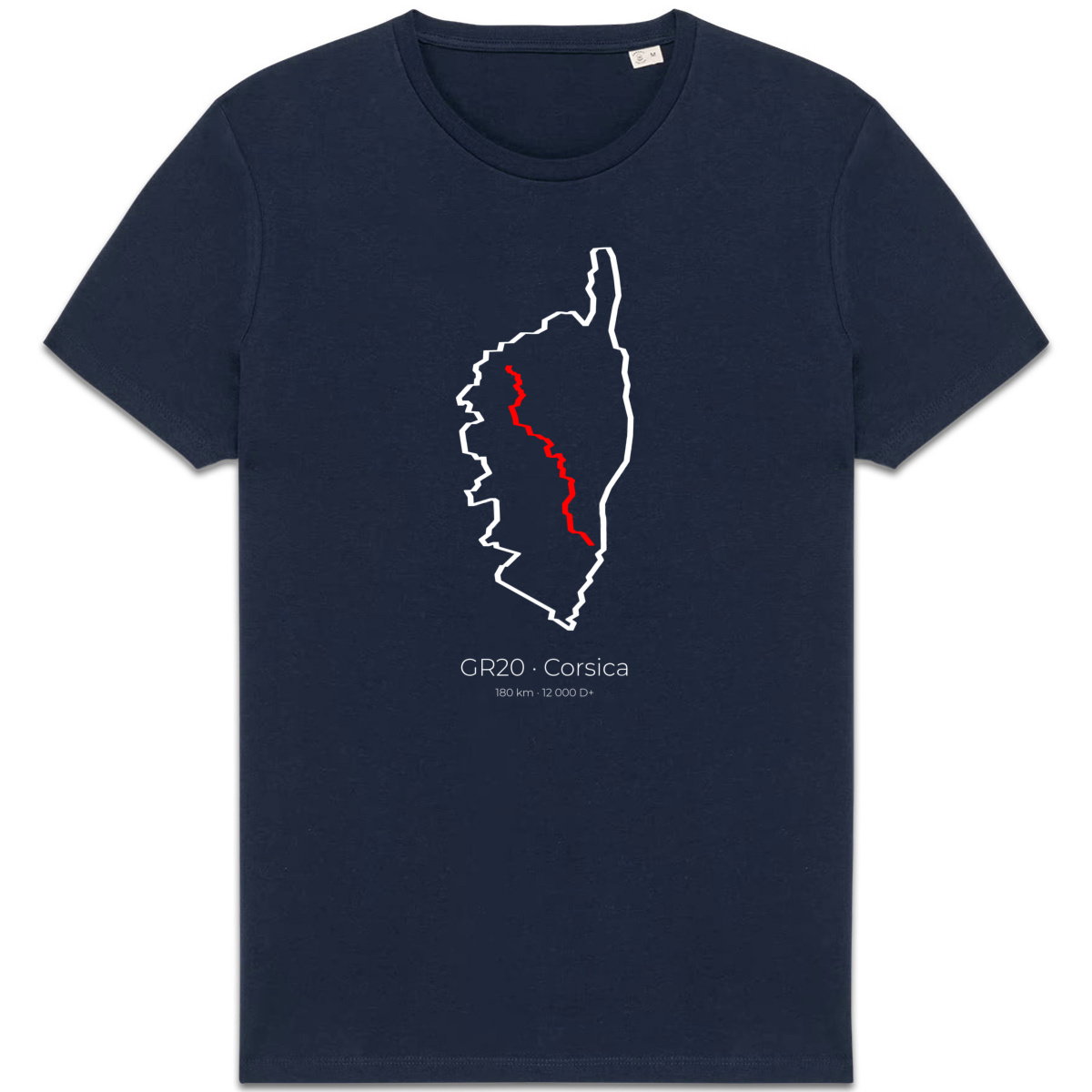 T-shirt marine tracé GR20 T-shirt marine avec illustration de la Corse et tracé du GR20