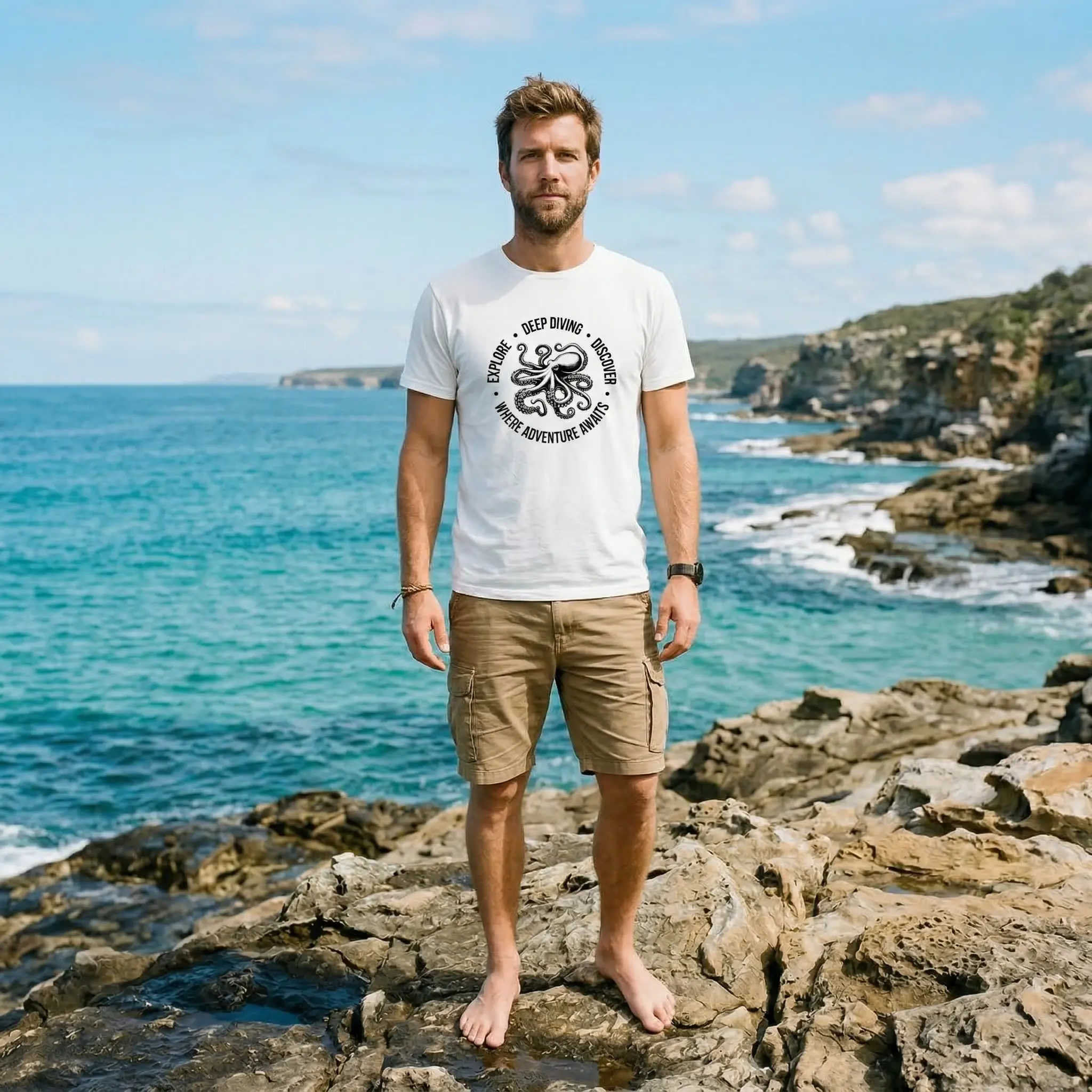 Mockup t-shirt Deep diving Personne portant un t-shirt avec illustration de pieuvre et motif Deep Diving