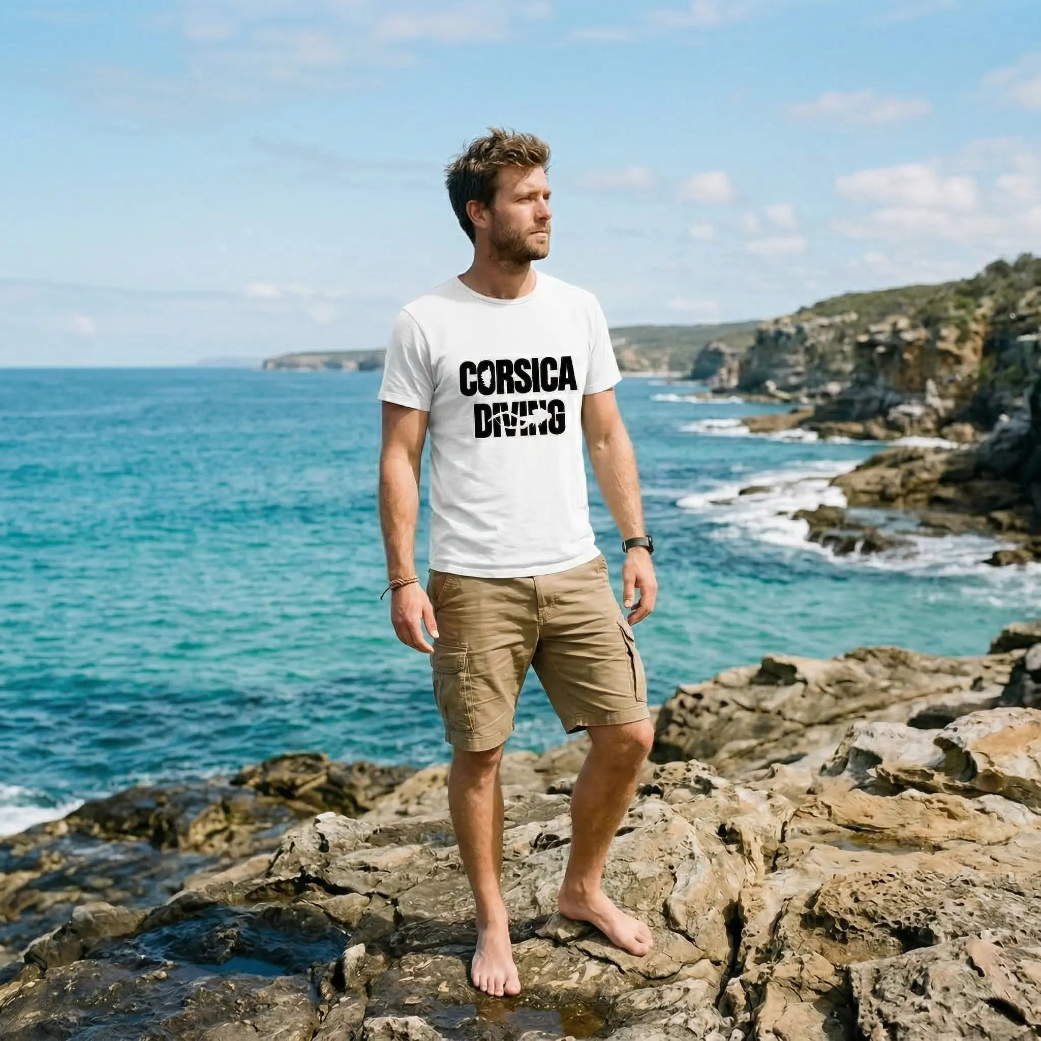 Mockup t-shirt Corsica Diving Personne portant un t-shirt Corsica Diving avec silhouette de plongeur et motif Corse intégré